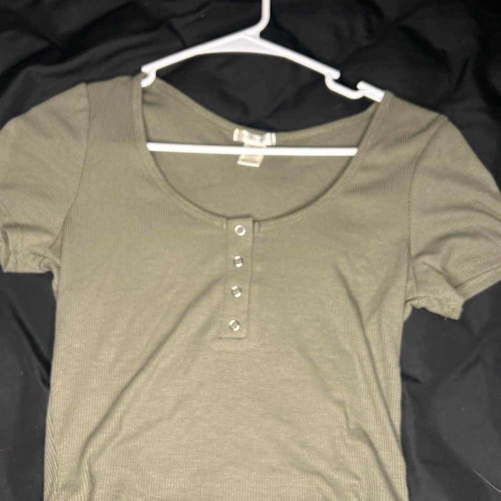 Olive Green Ribbed Button-Up Women's Top
